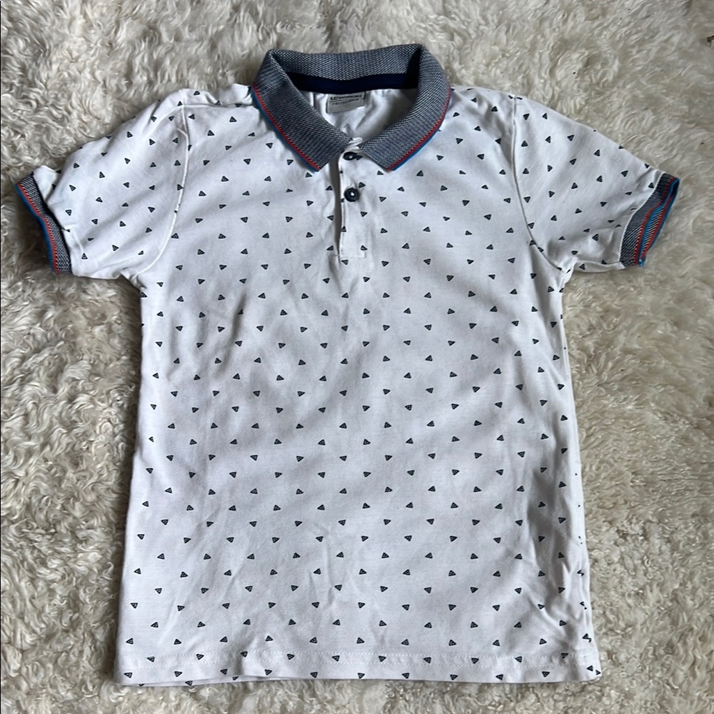 Boys Pique Cotton White Polo Shirt with Triangle Pattern